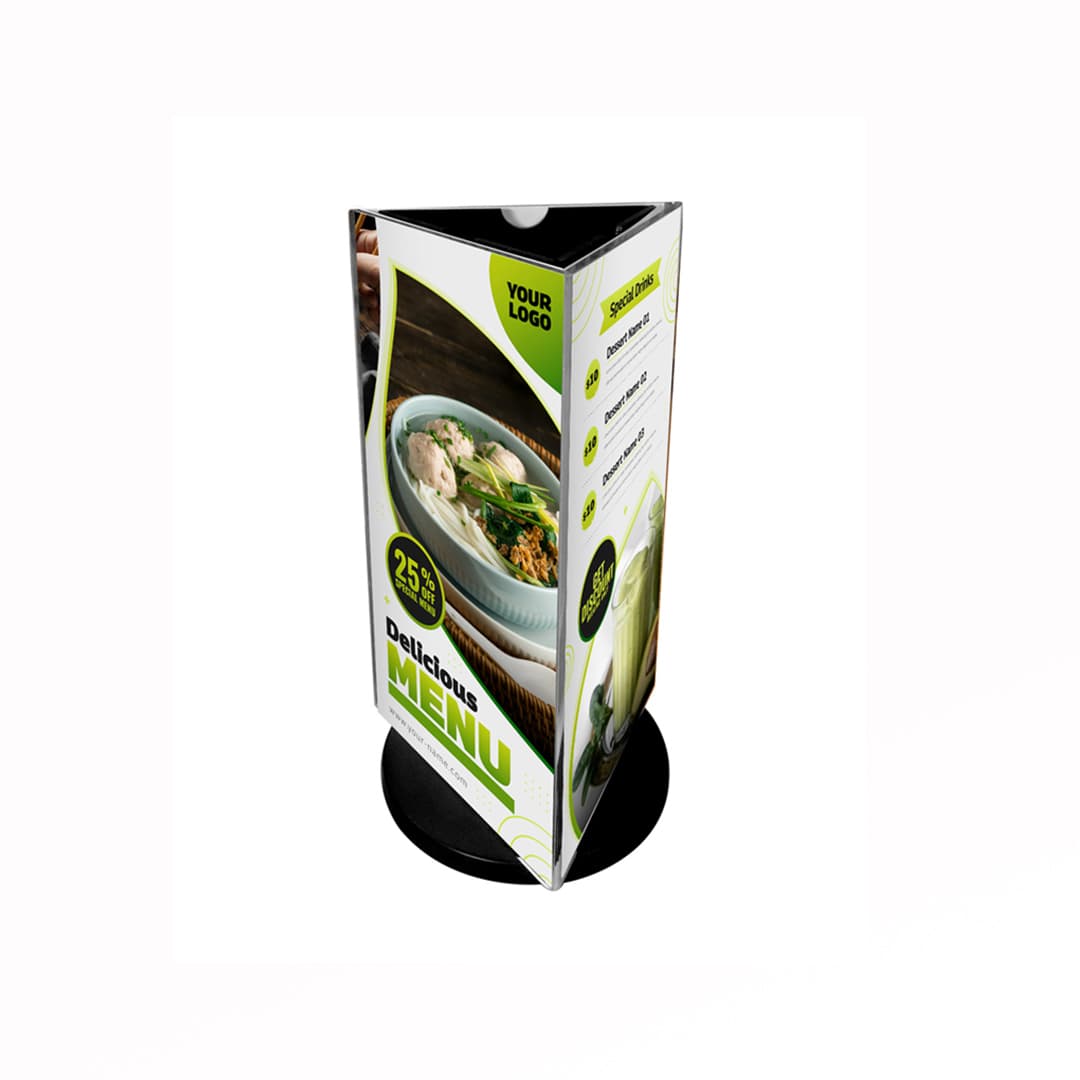 360 Degree Rotating Acrylic Display Holder Sign and Menu Stand Three Sided
